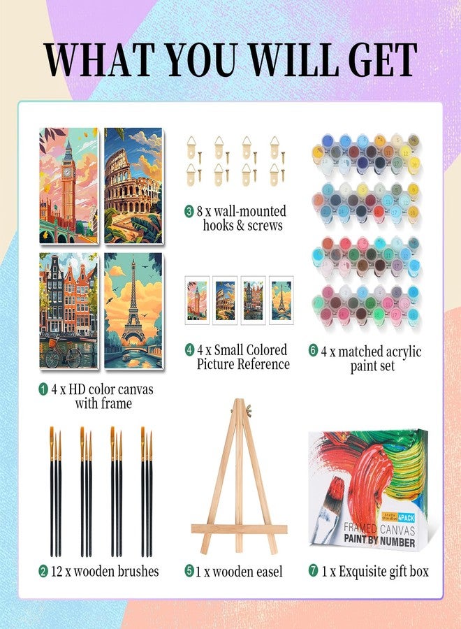 Camocin 4 Pack Framed Paint by Numbers Kit for Adults with Wooden Easel, City Landscape Paint by Numbers with Frame for Beginner, City Travel Adult Paints by Number Kits on Canvas Framed 8 x 12 Inch - Image 4