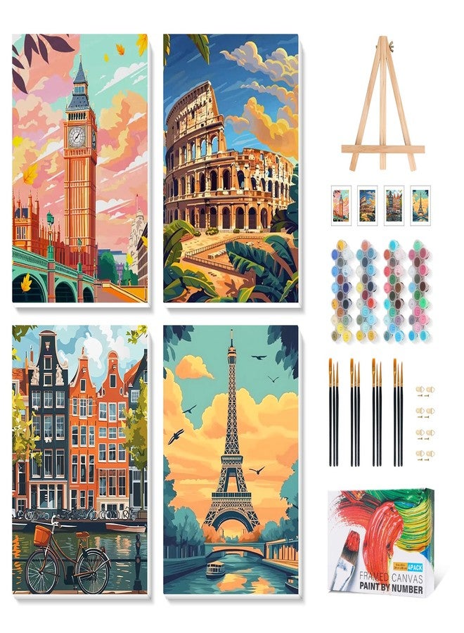 Camocin 4 Pack Framed Paint by Numbers Kit for Adults with Wooden Easel, City Landscape Paint by Numbers with Frame for Beginner, City Travel Adult Paints by Number Kits on Canvas Framed 8 x 12 Inch - Image 1