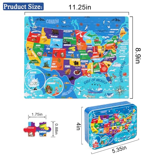LELEMON United States Puzzles for Kids Ages 48100 Pieces USA Sea Map Jigsaw Puzzles in a Metal BoxFun America Map Learning Educational Toys for Boys Girls - Image 5