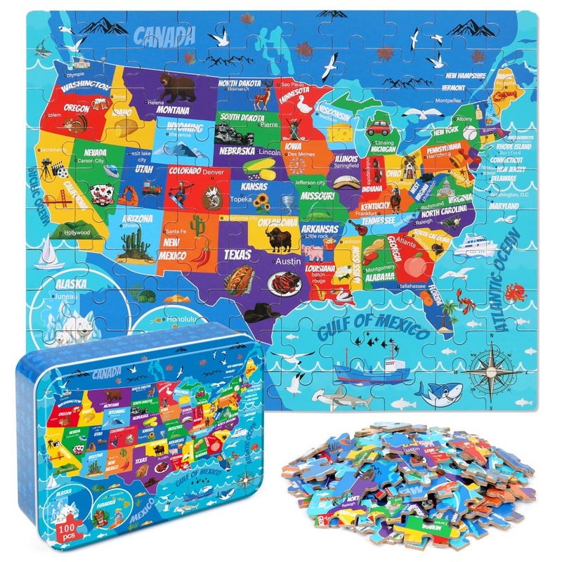 LELEMON United States Puzzles for Kids Ages 48100 Pieces USA Sea Map Jigsaw Puzzles in a Metal BoxFun America Map Learning Educational Toys for Boys Girls - Image 3