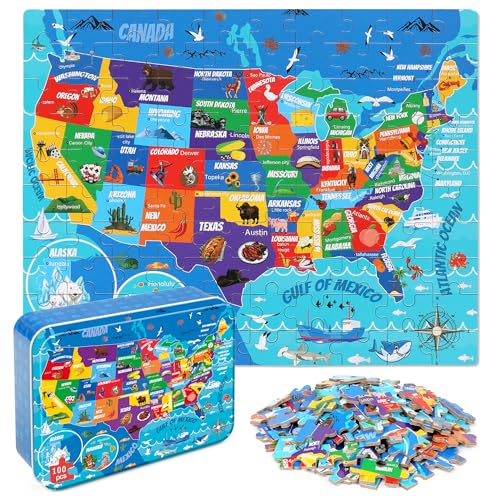 LELEMON United States Puzzles for Kids Ages 48100 Pieces USA Sea Map Jigsaw Puzzles in a Metal BoxFun America Map Learning Educational Toys for Boys Girls - Image 1