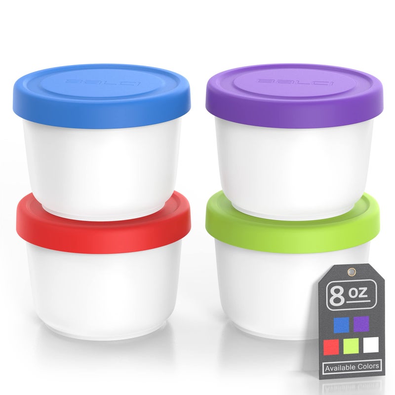 BALCI - 8oz Mini Ice Cream Containers with Silicone Lids (Set of 4) - Freezer Food Storage Containers, Reusable, LeakProof, For Homemade IceCream Containers - Blue, Red, Green, Purple - Image 1
