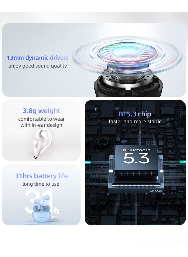 Usams - Wireless Earphones with 13mm Drivers For Big Bass. Bluetooth 5.3 Headphones with HD Calls, Dual Mic, Dual Mode Gaming Headset, Smart Touch control, and 31-Hour Playtime. - Image 1