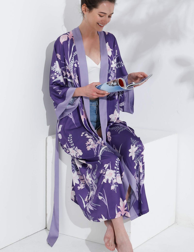 Aensso long lightweight soft silky robes for women,floral bridal bridesmaid summer kimonos robe-Purple - Image 5