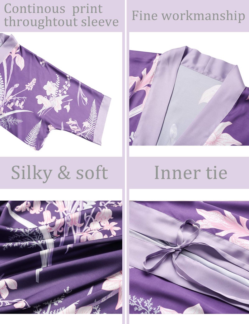 Aensso long lightweight soft silky robes for women,floral bridal bridesmaid summer kimonos robe-Purple - Image 3