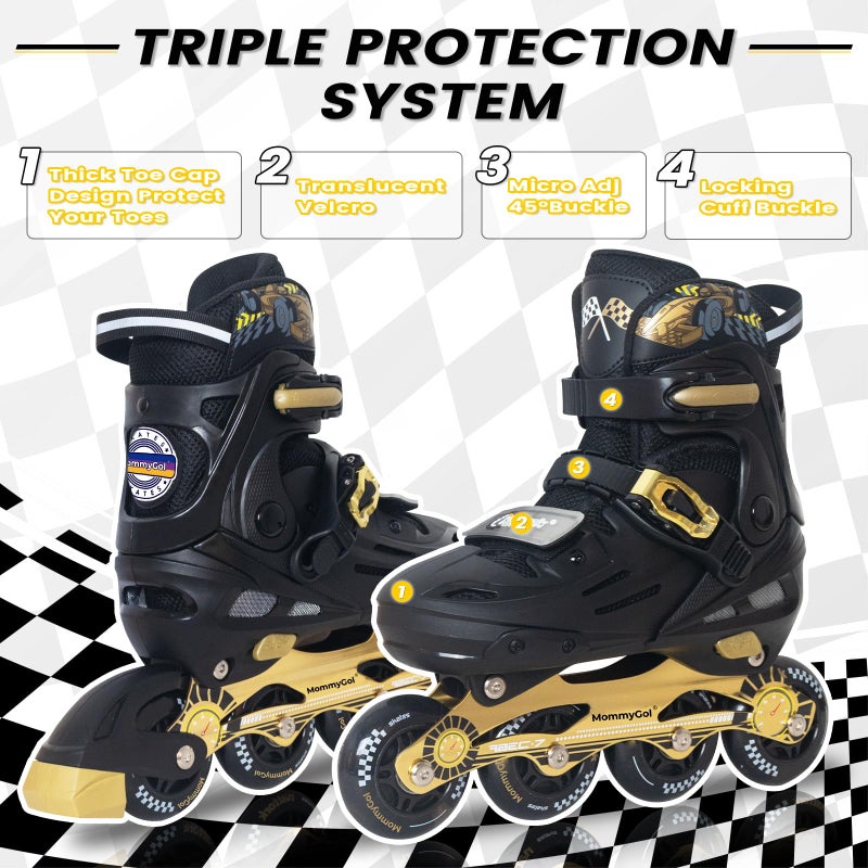 MammyGol Inline Skates for Boys and Girls Youth, 4 Size Adjustable Roller Skates with PU Flashing Wheels, Aggressive Inline Skates High Performance for Kids Age 6-12, Gold Black - Image 2