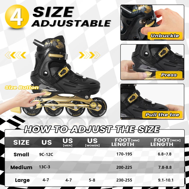 MammyGol Inline Skates for Boys and Girls Youth, 4 Size Adjustable Roller Skates with PU Flashing Wheels, Aggressive Inline Skates High Performance for Kids Age 6-12, Gold Black - Image 4