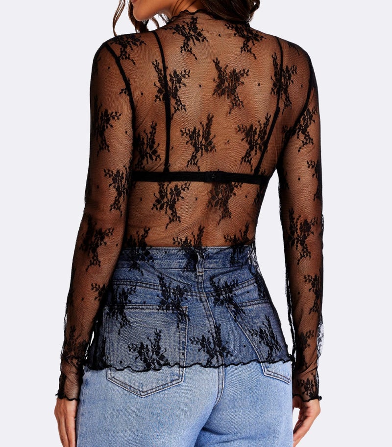 MOHHOM Lace Tops for Women Long Sleeve Mesh Top Mock Neck Sheer Blouse See Through Lace Shirt Layering Top(Black, Small) - Image 2