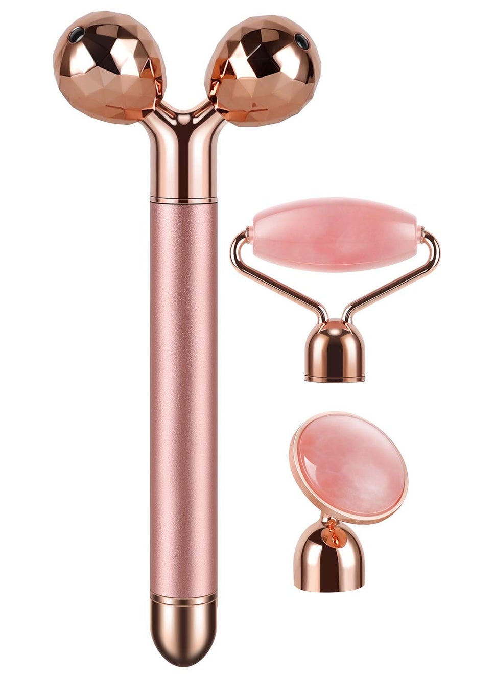 DANGSHAN 3-IN-1 Electric Jade Roller 3D Roller Facial Roller & Face Massager, Rose Quartz 