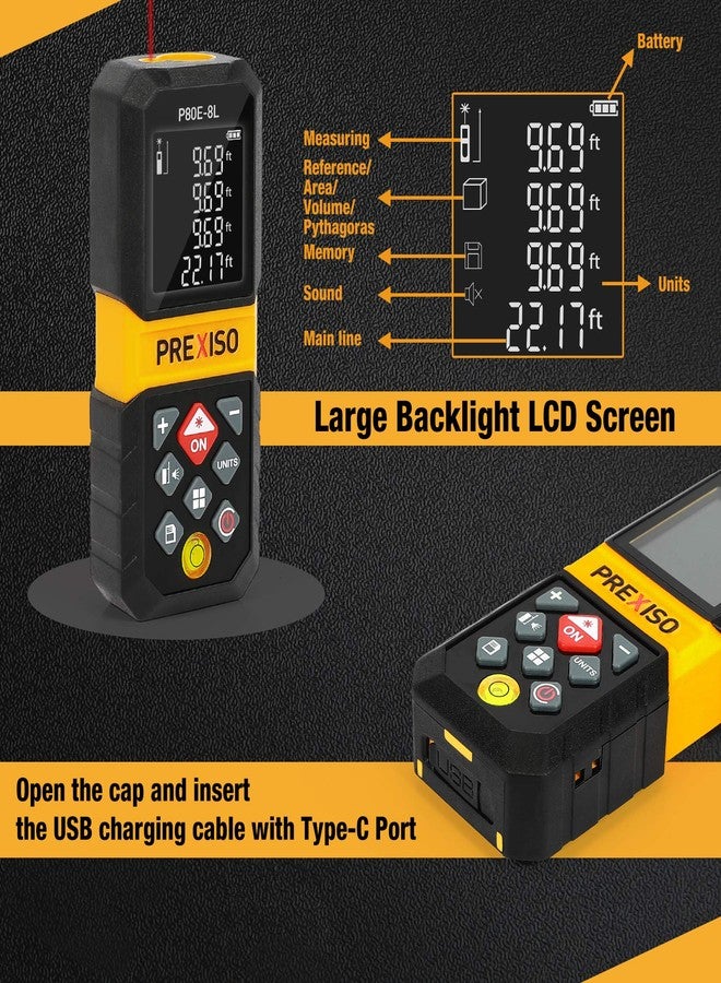 PREXISO Laser Measure, 265Ft Rechargeable Laser Distance Meter with Multi-Measurement Units M/in/Ft, Backlit LCD 4 Line Display, and Pythagorean, Distance, Area, Volume Modes - Image 5