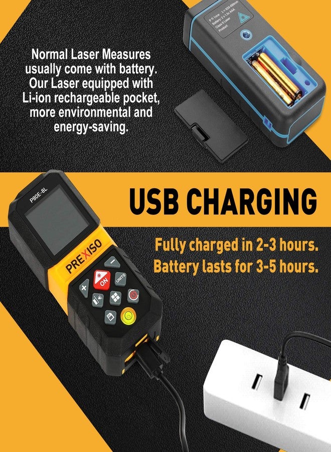 PREXISO Laser Measure, 265Ft Rechargeable Laser Distance Meter with Multi-Measurement Units M/in/Ft, Backlit LCD 4 Line Display, and Pythagorean, Distance, Area, Volume Modes - Image 2