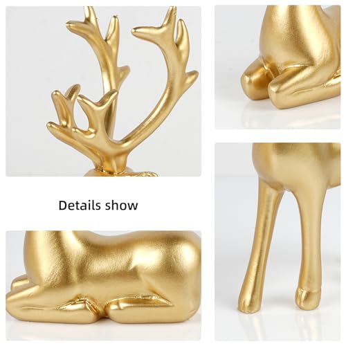 Bonlting 2 Pcs Resin Reindeer Statue Small Christmas Seated and Standing Deer Figurine, Reindeer Ornaments for Living Room, Wine Cabinet, Display Stand, Bedroom, Office Desktop (Gold) - Image 3