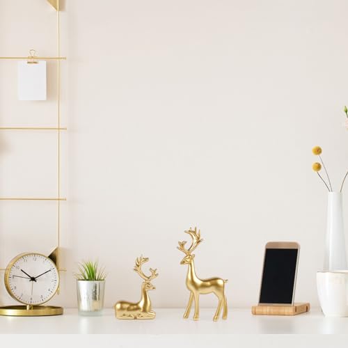 Bonlting 2 Pcs Resin Reindeer Statue Small Christmas Seated and Standing Deer Figurine, Reindeer Ornaments for Living Room, Wine Cabinet, Display Stand, Bedroom, Office Desktop (Gold) - Image 4