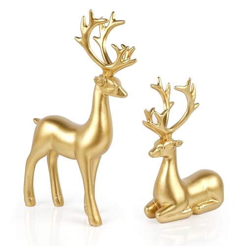 Bonlting 2 Pcs Resin Reindeer Statue Small Christmas Seated and Standing Deer Figurine, Reindeer Ornaments for Living Room, Wine Cabinet, Display Stand, Bedroom, Office Desktop (Gold) - Image 1