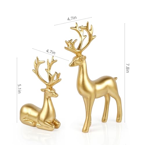 Bonlting 2 Pcs Resin Reindeer Statue Small Christmas Seated and Standing Deer Figurine, Reindeer Ornaments for Living Room, Wine Cabinet, Display Stand, Bedroom, Office Desktop (Gold) - Image 5