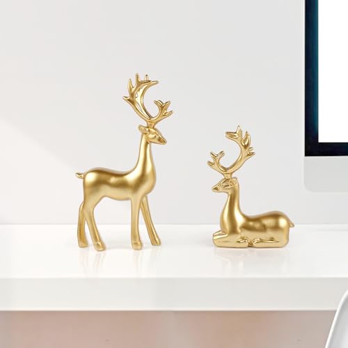 Bonlting 2 Pcs Resin Reindeer Statue Small Christmas Seated and Standing Deer Figurine, Reindeer Ornaments for Living Room, Wine Cabinet, Display Stand, Bedroom, Office Desktop (Gold) - Image 2