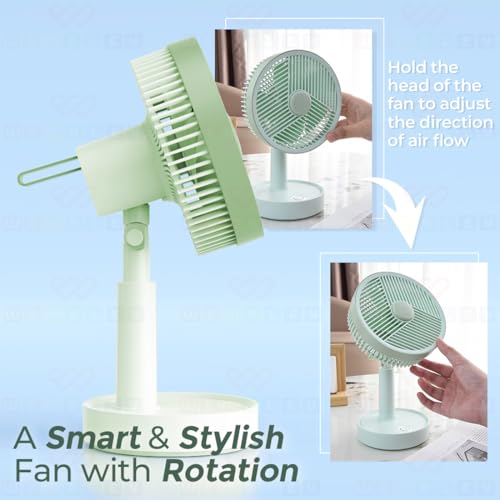 Wembley Mini Portable Desktop Fan with Warm Light | 3.7V Rechargeable Battery Operated | 3 Speed Airflow, Height Adjustable, Handheld Personal Cooling Device for Home, Office & Travel (Green) - Image 5