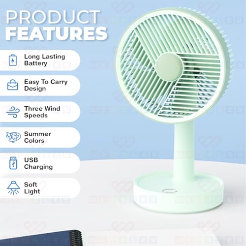 Wembley Mini Portable Desktop Fan with Warm Light | 3.7V Rechargeable Battery Operated | 3 Speed Airflow, Height Adjustable, Handheld Personal Cooling Device for Home, Office & Travel (Green) - Image 3