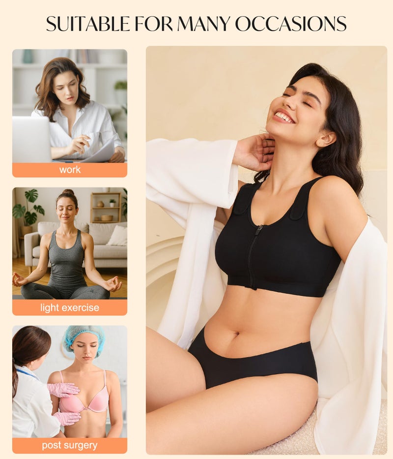 CYDREAM Zip Front Closure Wireless Bras for Women Full Coverage Post Surgery Compression Back Smoothing Comfort Adjustable (US, Alpha, Small, Regular, Regular, Black) - Image 5