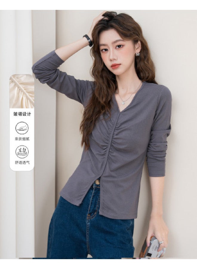 Baleno Autumn Long Sleeve T-Shirt Women'S Irregular Pleated Fashion Versatile Stretchy Slim-Fit Slimming Stylish Solid Color V-Neck Top - Image 1