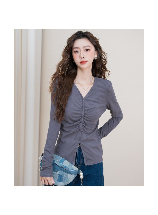 Baleno Autumn Long Sleeve T-Shirt Women'S Irregular Pleated Fashion Versatile Stretchy Slim-Fit Slimming Stylish Solid Color V-Neck Top - Image 4