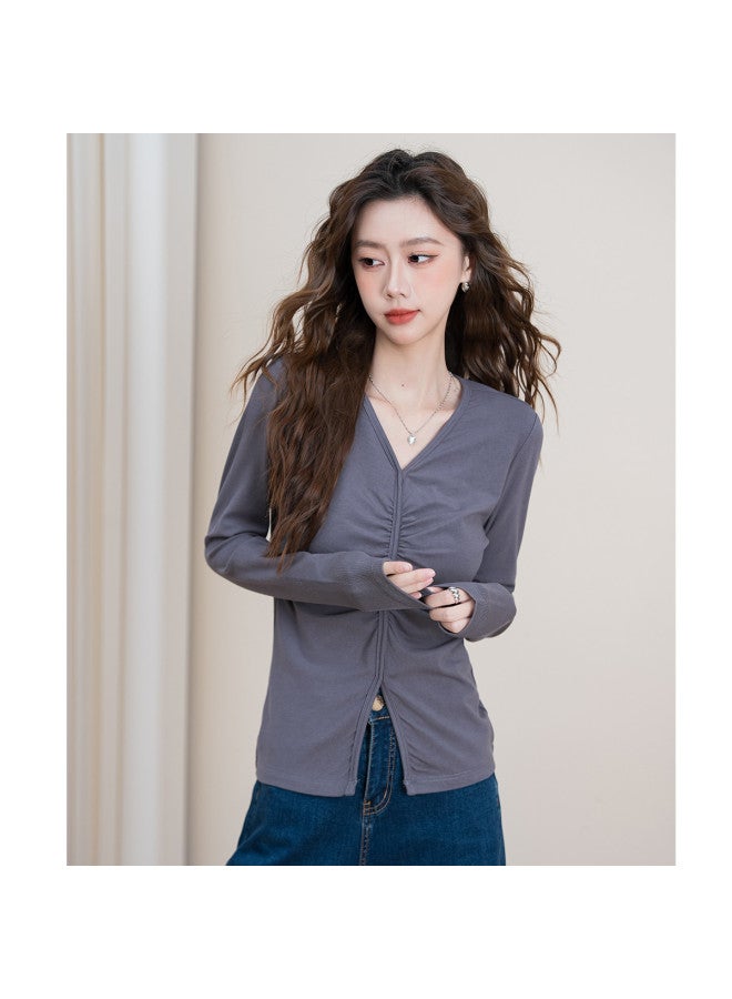 Baleno Autumn Long Sleeve T-Shirt Women'S Irregular Pleated Fashion Versatile Stretchy Slim-Fit Slimming Stylish Solid Color V-Neck Top - Image 5