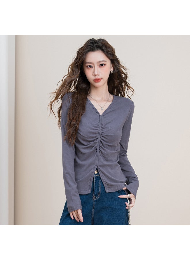 Baleno Autumn Long Sleeve T-Shirt Women'S Irregular Pleated Fashion Versatile Stretchy Slim-Fit Slimming Stylish Solid Color V-Neck Top - Image 3