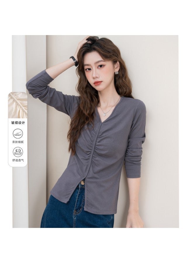 Baleno Autumn Long Sleeve T-Shirt Women'S Irregular Pleated Fashion Versatile Stretchy Slim-Fit Slimming Stylish Solid Color V-Neck Top - Image 2