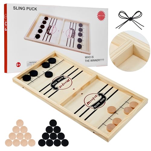 moopok Fast Sling Puck Game Fast Action Super Foosball Table Desktop Battle Slingshot Wooden Air Hockey Board Game Guaranteed Fun for Family Game Night or Friends Party
