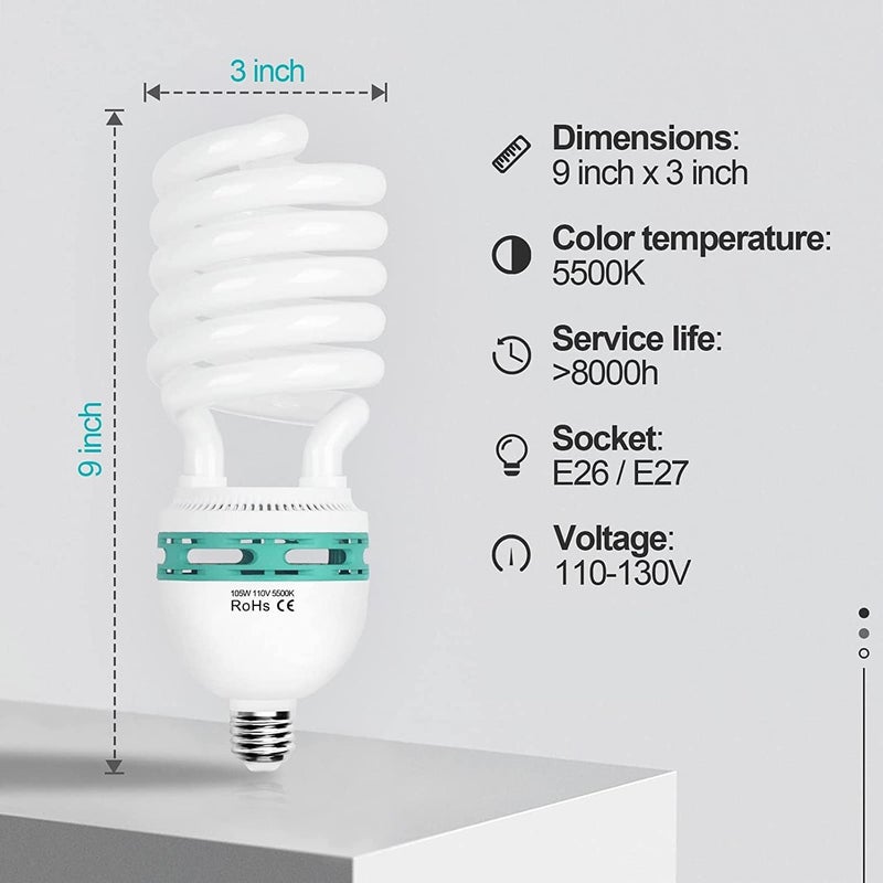 EMART Full Spectrum Light Bulb, 105W Spiral CFL 5500k Daylight for Softbox Lighting Kit, Replacement Lamp for Photography Photo Video Studio, Household Use, Portrait Shooting -2PACK - Image 2