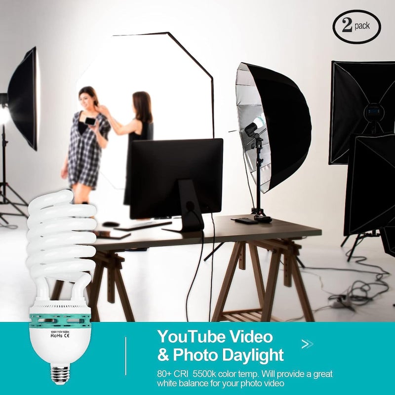 EMART Full Spectrum Light Bulb, 105W Spiral CFL 5500k Daylight for Softbox Lighting Kit, Replacement Lamp for Photography Photo Video Studio, Household Use, Portrait Shooting -2PACK - Image 4