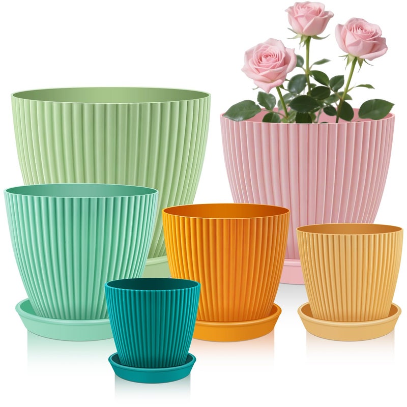 SupKing Plant Pots with Drainage Saucers 7.5/6.7/6/5/4/3.5 Inch Set of 6,Plastic Flower Pots Planters with Multi Mesh Drainage Holes Multicolor Nursery Planting Pot for Indoor Outdoor Garden Plants - Image 1