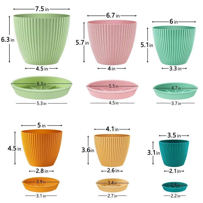 SupKing Plant Pots with Drainage Saucers 7.5/6.7/6/5/4/3.5 Inch Set of 6,Plastic Flower Pots Planters with Multi Mesh Drainage Holes Multicolor Nursery Planting Pot for Indoor Outdoor Garden Plants - Image 2