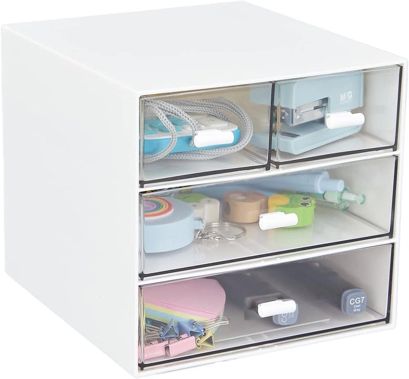 LETURE Desk Organizer with 4 Drawers, Clear Plastic Desk Storage Box, Desktop Organization for Office Supplies, Gel Pens, Pencils, Markers, Tape, Erasers, Paperclips, Chargers (White-4 Draws) - Image 1