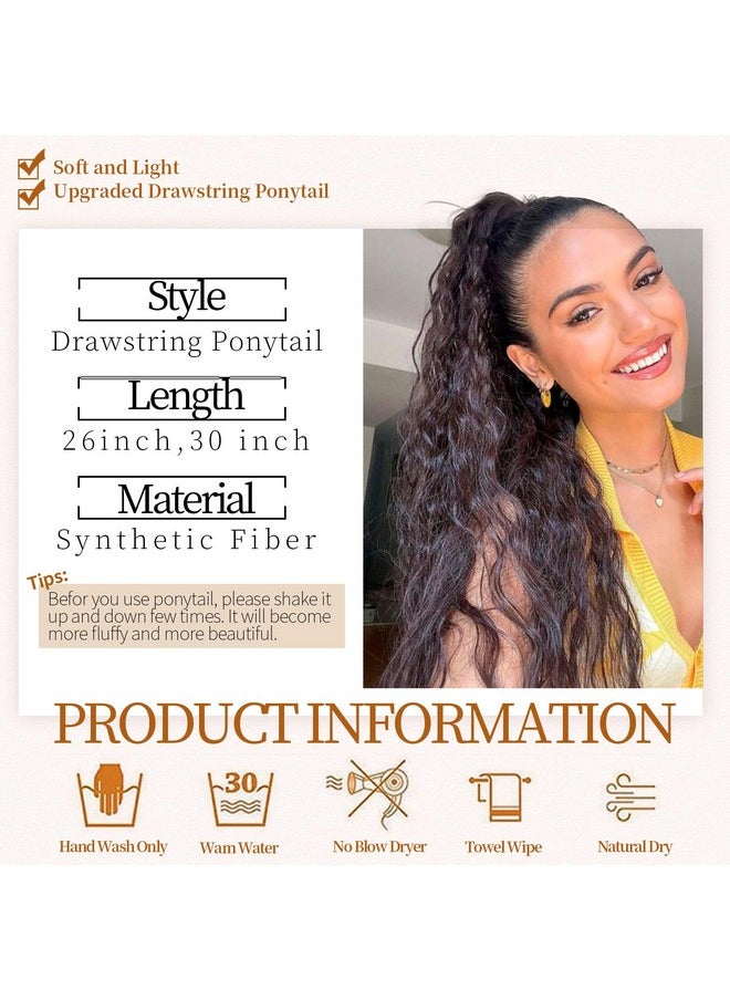 KooKaStyle Ponytail Extensions Drawstring Ponytail Curly Extensions Natural Wavy Long Wavy Ponytail Hair Extensions Clipon Synthetic Hairpieces For Women And Girls (26 Inch Dark Brown)  - Image 2