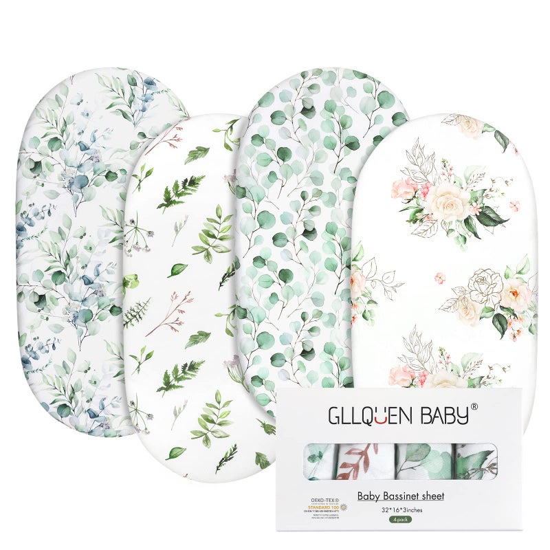 Gllquen Baby Gllquen Baby Bassinet Sheets 4 Pack Breathable Cozy Fitted Mattress Sheet Elastic Travel Crib Fashionable Floral Pattern Standard Cradle Safe Sheets for Baby Boy Girls 32X16Greenery
