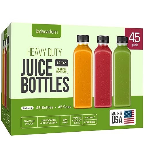 DECADORN 12 oz Plastic Juice Bottles With Caps - 45 Pack MADE IN USA Juicing Bottles Reusable - Juice Container For Fridge - Shatterproof, BPA-Free, Leak proof, Disposable & Recyclable - Image 1