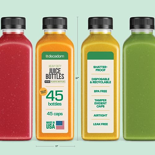 DECADORN 12 oz Plastic Juice Bottles With Caps - 45 Pack MADE IN USA Juicing Bottles Reusable - Juice Container For Fridge - Shatterproof, BPA-Free, Leak proof, Disposable & Recyclable - Image 2