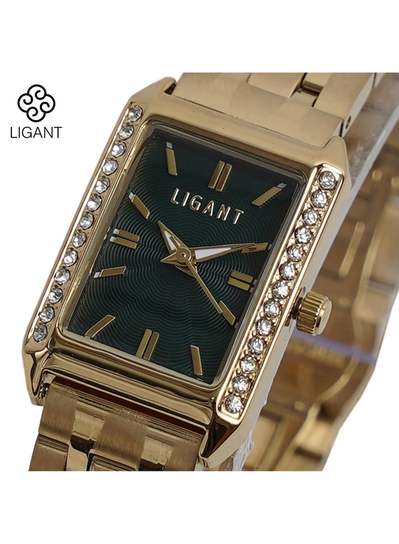 LIGANT Luxury Women's Stainless Steel Watch in Gold & Emerald Green - Elegant Modern Design - Rust Resistant Metallic Wristwatch for Events & Daily Wear - Image 4