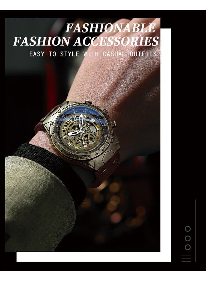 BINBOND BINBOND Vintage Men's Fashion Watch, Antique Brass Automatic Mechanical Wristwatch with High Hardness Coated Glass and Leather Strap - Image 3