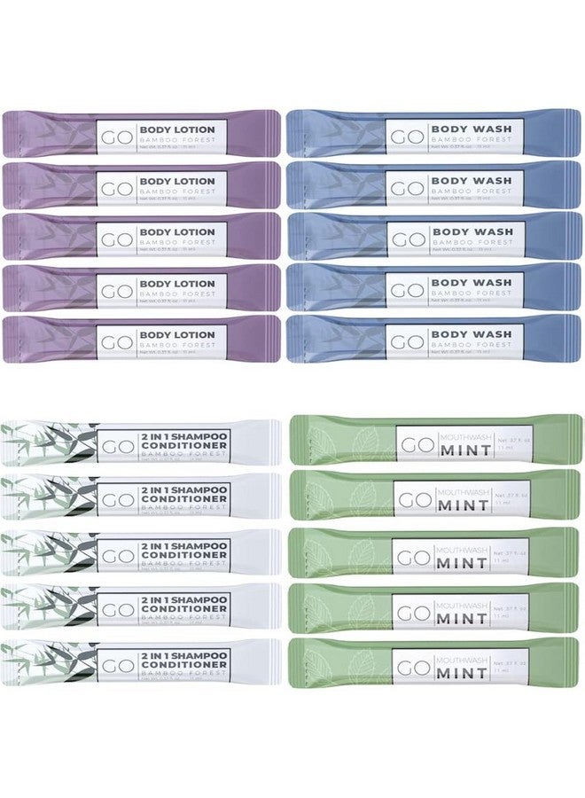 Exershield GO Essentials - Men and Women Travel Kit that contains Travel Size Shampoo and Conditioner Set, Mouthwash, Body Wash, and Travel Size Body Lotion Bulk Travel Size Toiletries, Guest and Hotel Supplies - Image 1