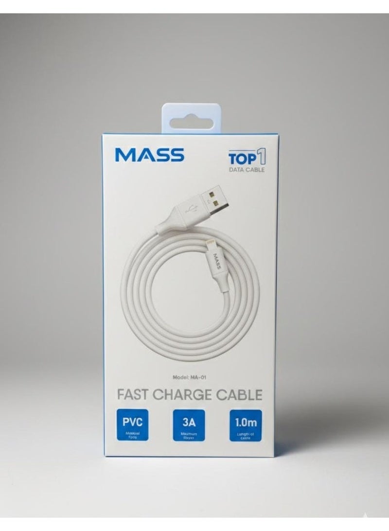 Mass Fast Charge Cable, 1 M Length, 3A Max, Charge and Data, white, Lightning, Model: MA-01 - 1 Year Local Warranty. - Image 1
