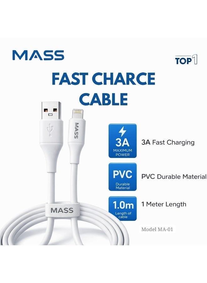 Mass Fast Charge Cable, 1 M Length, 3A Max, Charge and Data, white, Lightning, Model: MA-01 - 1 Year Local Warranty. - Image 2