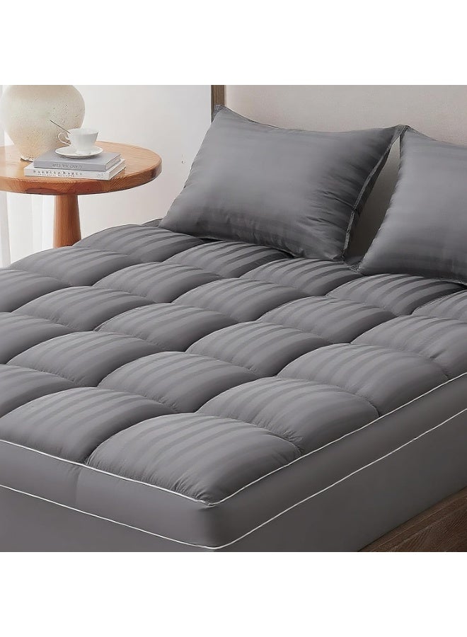 مرتبة علوية بحجم كينغ بسماكة 7 سم، رمادي، 200 × 180 سم | 600GSM، معتمدة من CertiPUR-US، تخفيف الضغط، غطاء قابل للتنفس، دعم نقاط الضغط، شريط 1 سم، مرونة من 4 جوانب، تشمل 2 غطاء وسادة - Image 1