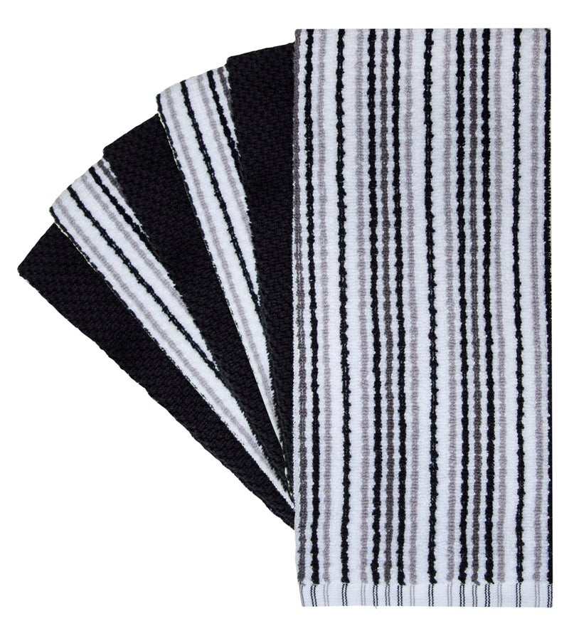 Bumble Towels Popcorn Stripe Cotton Kitchen Towels - 6 Pack | 16'x26' | Highly Absorbent 400 GSM | Black - Image 2