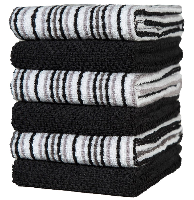 Bumble Towels Popcorn Stripe Cotton Kitchen Towels - 6 Pack | 16'x26' | Highly Absorbent 400 GSM | Black - Image 1