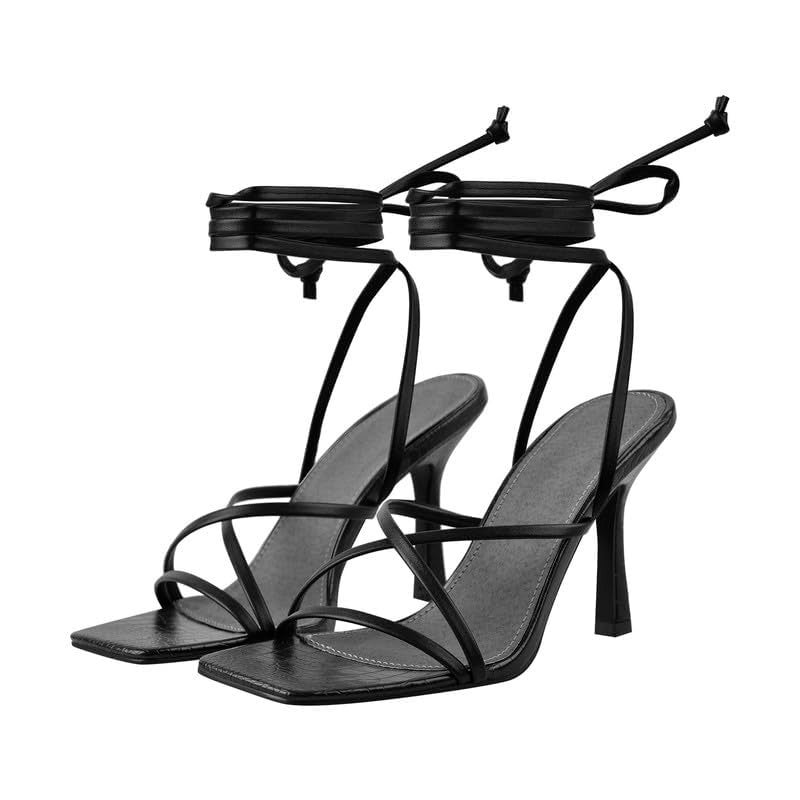 LISHAN Women's Ankle Strappy Gladiator High Heels Open Square Toe Backless Stiletto Heel Criss-cross Lace Up Prom Party Dress Heeled Sandals Black Size 7 - Image 2