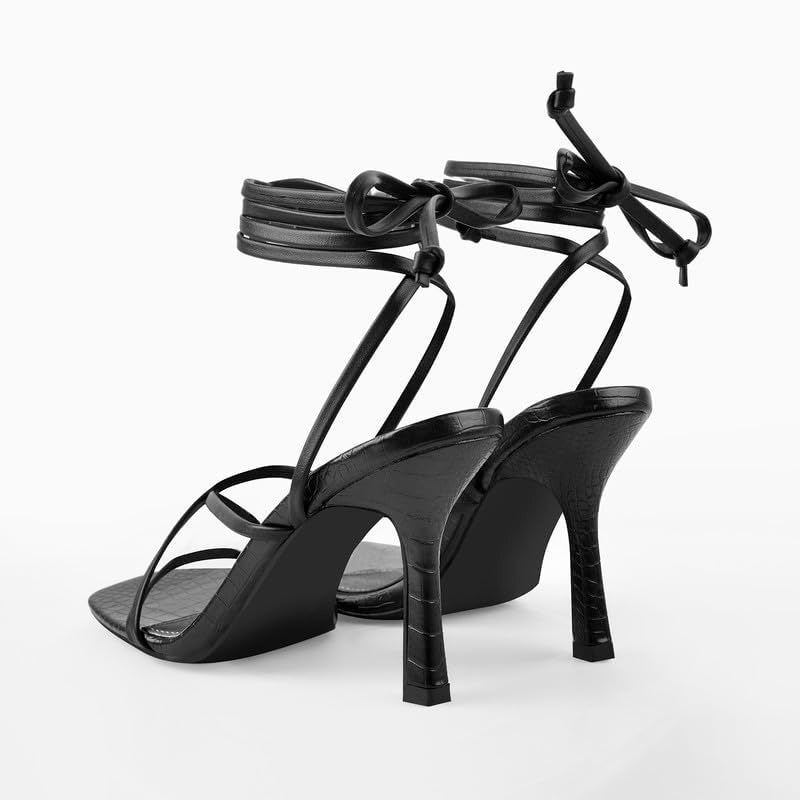 LISHAN Women's Ankle Strappy Gladiator High Heels Open Square Toe Backless Stiletto Heel Criss-cross Lace Up Prom Party Dress Heeled Sandals Black Size 7 - Image 5