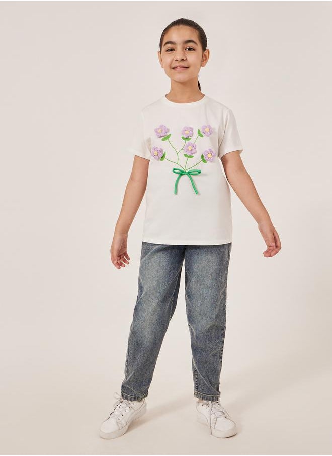 Styli Flower Applique Short Sleeve T-Shirt  - Image 2