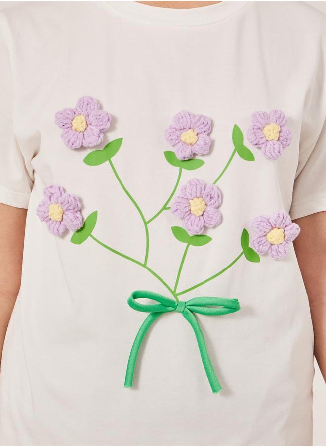 Styli Flower Applique Short Sleeve T-Shirt  - Image 3